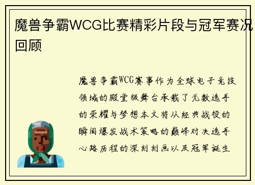 魔兽争霸WCG比赛精彩片段与冠军赛况回顾